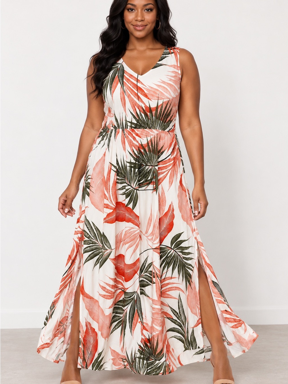 Tahari Tropical Palm Leaf Maxi Dress Sleeveless V-Neck Plus Size 1X